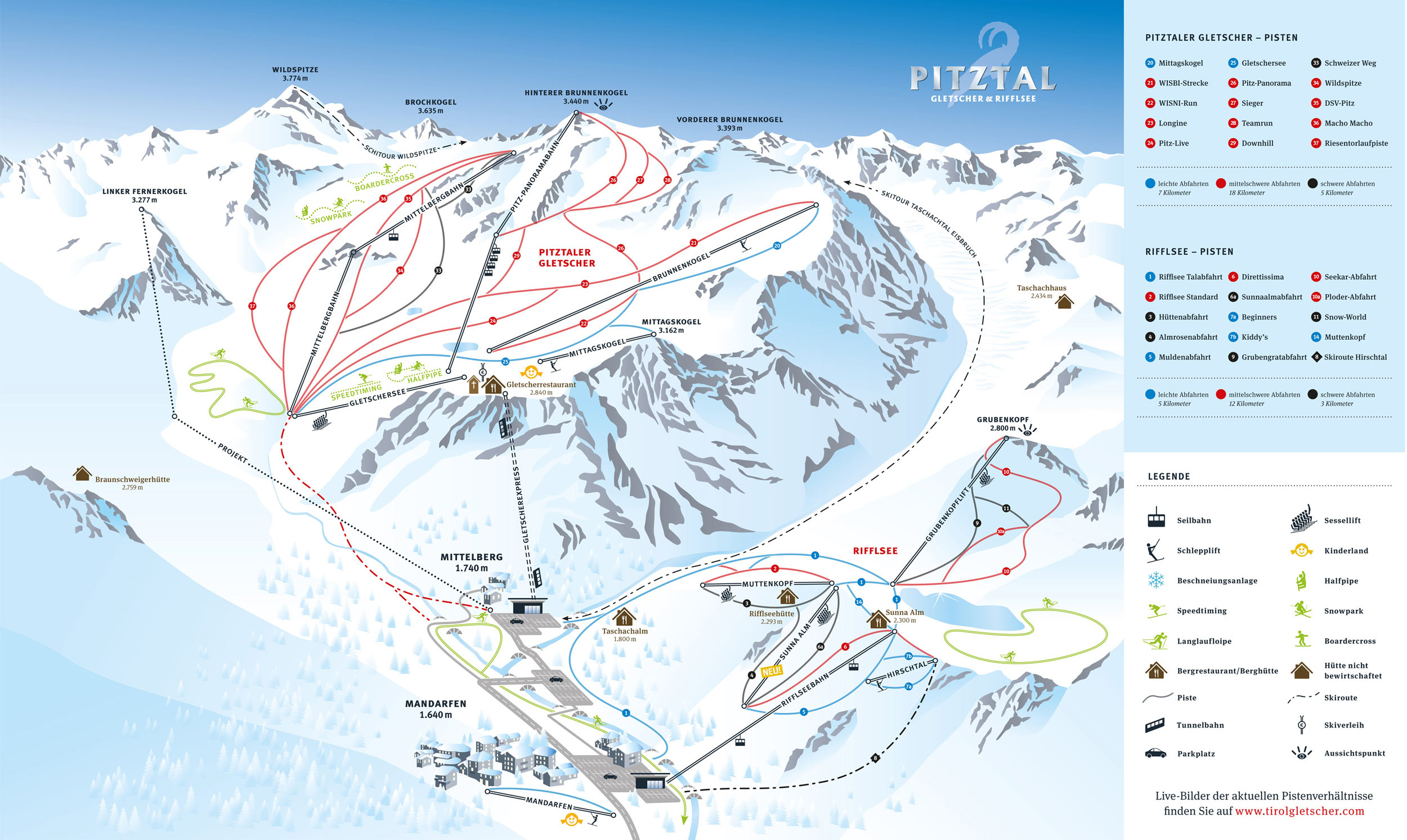 mapa tras ski w Pitztal Lodowiec