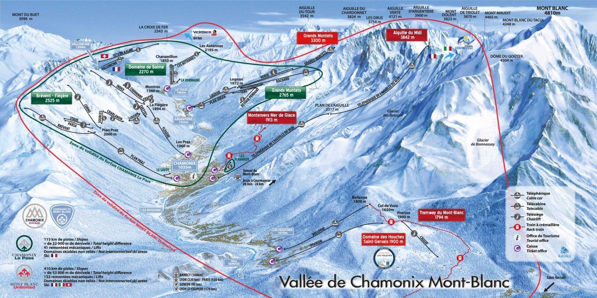 mapa tras ski w Chamonix Mont-Blanc