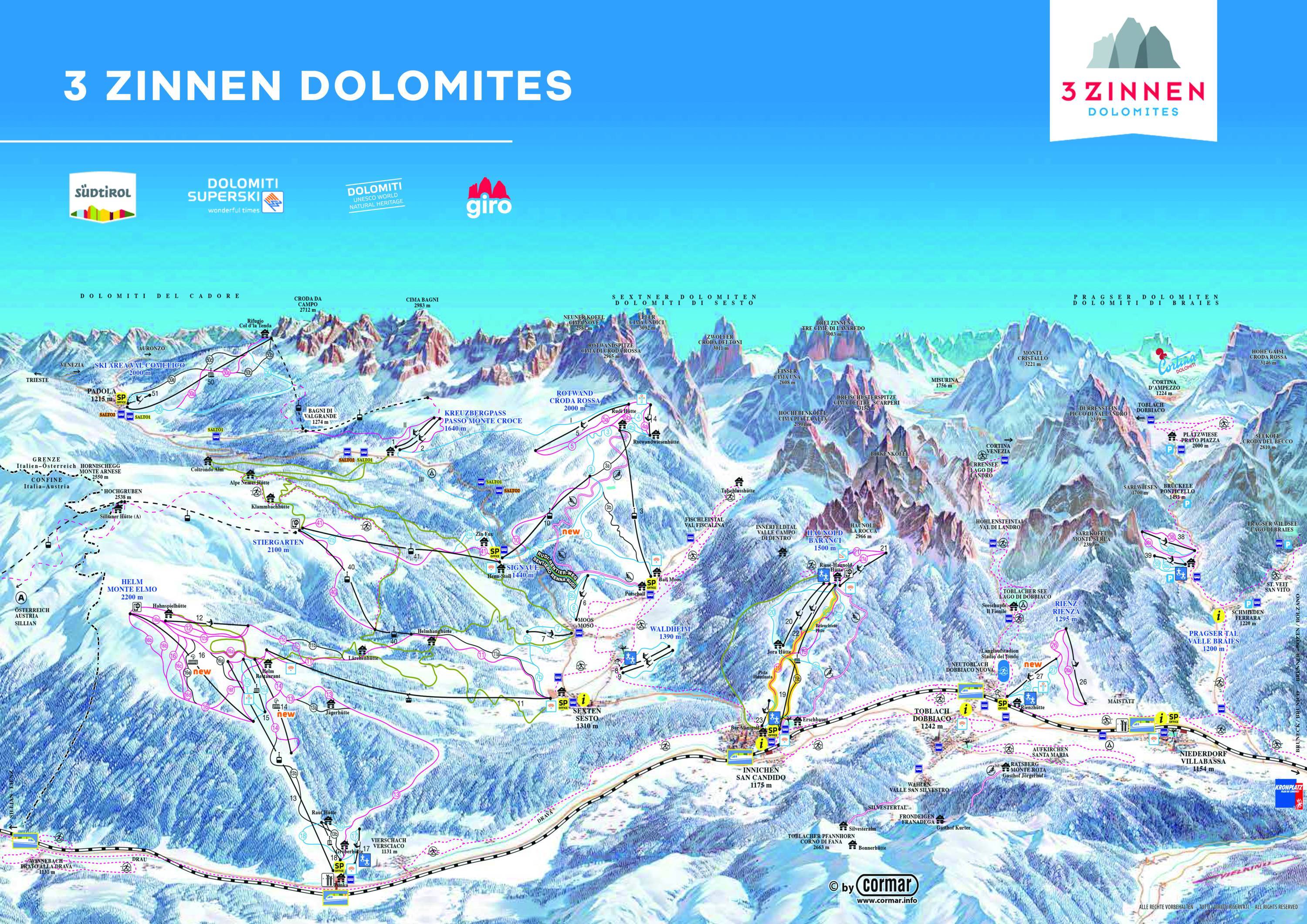 mapa tras ski 3 Zinnen Dolomites
